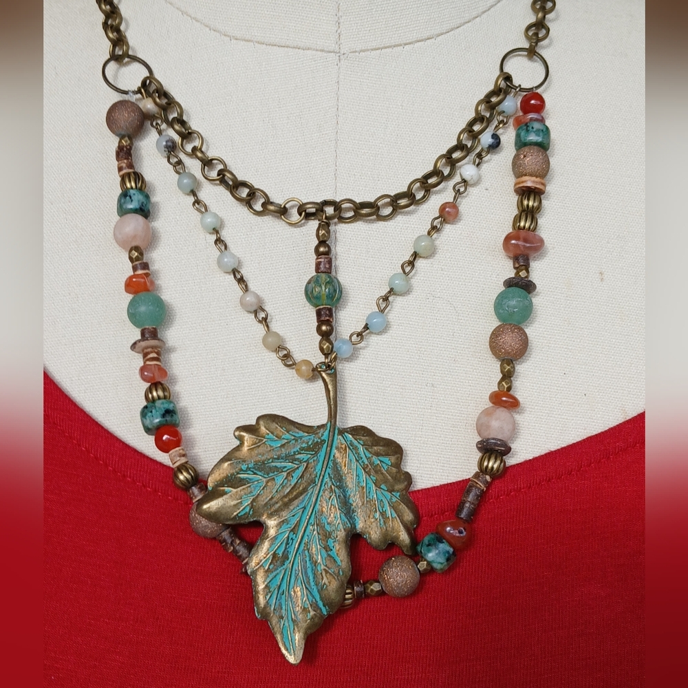 Primitive Peddlers Bohemian Leaf Pendant Necklace with Multicolor Beads